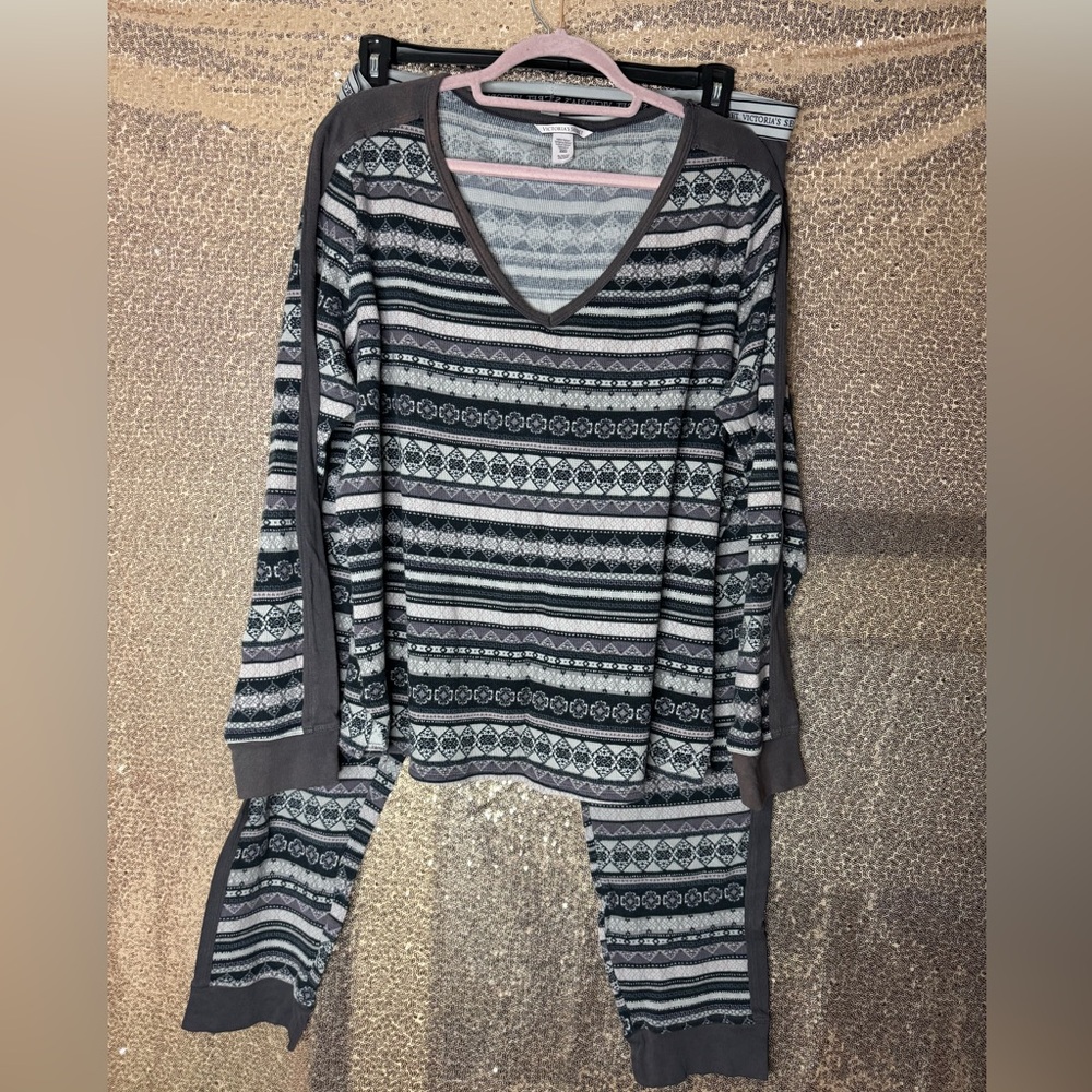 Victoria's Secret Patterned Waffle Knit Long Sleeve Pajama Set